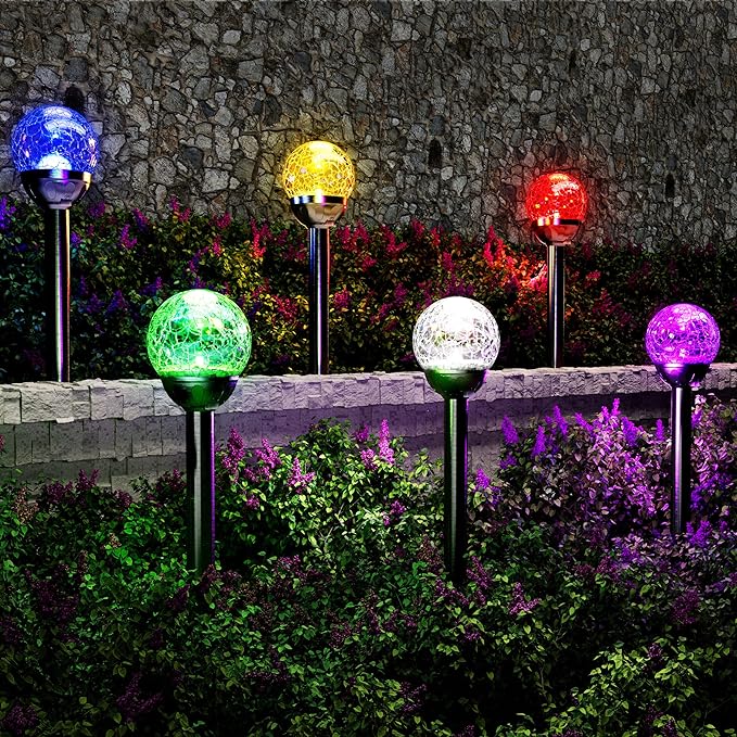 GIGALUMI Solar Outdoor, Cracked Glass Ball Solar Garden Lights, Color Changing Lights Outdoor,Garden LED for Path, Patio, Yard, 6 Pack Pathway GIGALUMI