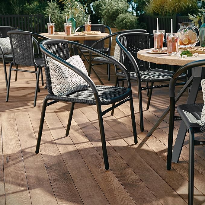 Flash Furniture Lila Modern Rattan Indoor/Outdoor Stackable Dining Chairs, Stacking Rattan Bistro Chairs for Patio or Restaurant, Set of 4, Gray FlashFurniture