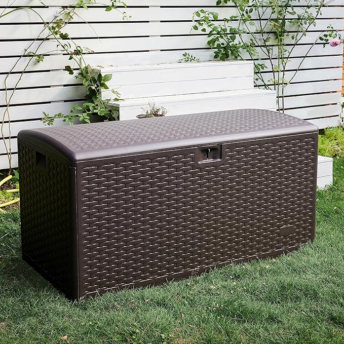 Amazon Basics Outdoor Storage Deck Box, Lockable, Weather-Resistant, 99 Gallon, Brown, for Patio Cushions, Gardening Tools, Pool Accessories AmazonBasics