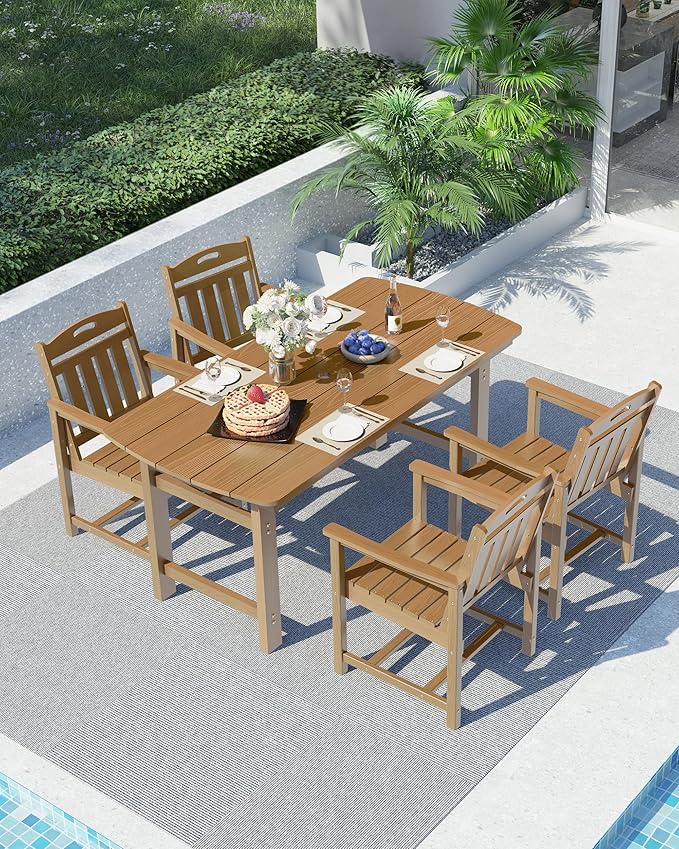 Ciokea HDPE Outdoor Dining Set, 5-Piece Patio Table and Chairs Set with Umbrella Hole, All-Weather Patio Dining Sets for 4, Durable Patio Furniture for Backyard, Garden, Lawn & Poolside, Teak CIOKEA