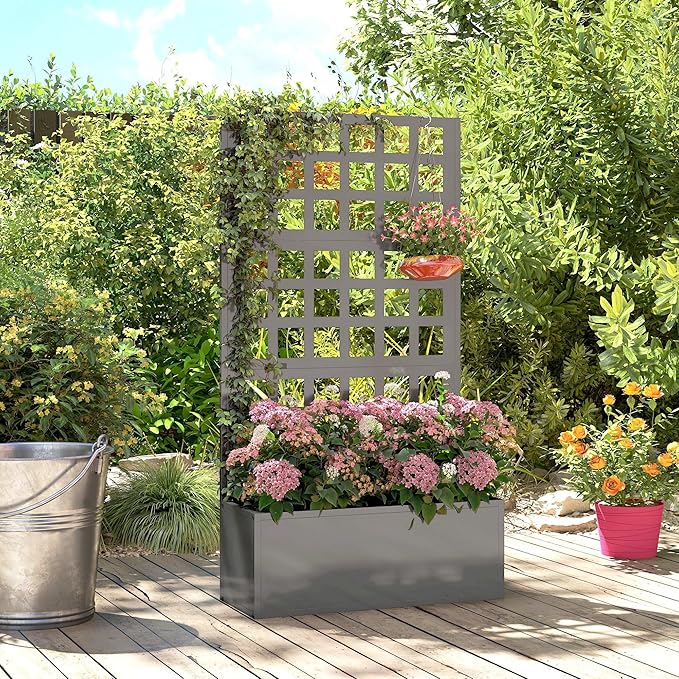 Outsunny Galvanized Raised Garden Bed with Trellis, Metal Planter Box with Drainage Holes, Outdoor Privacy Screen for Climbing Plants, Vegetable, Vines, 24" x 9" x 44.5", Gray Outsunny