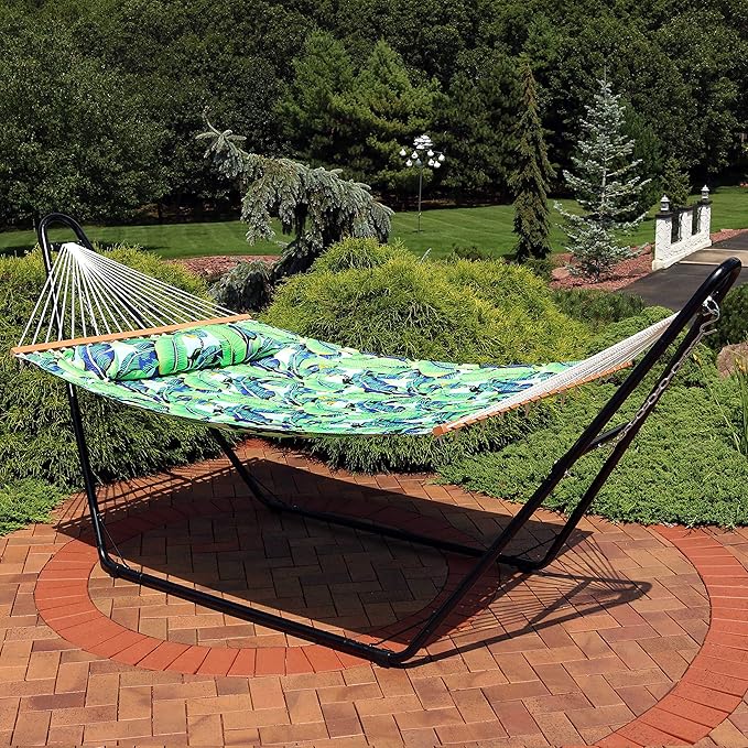 Sunnydaze Quilted Outdoor Hammock with Spreader Bars - Heavy-Duty 450-Pound Capacity Double Hammock for Outside - Exotic Foliage SunnydazeDecor