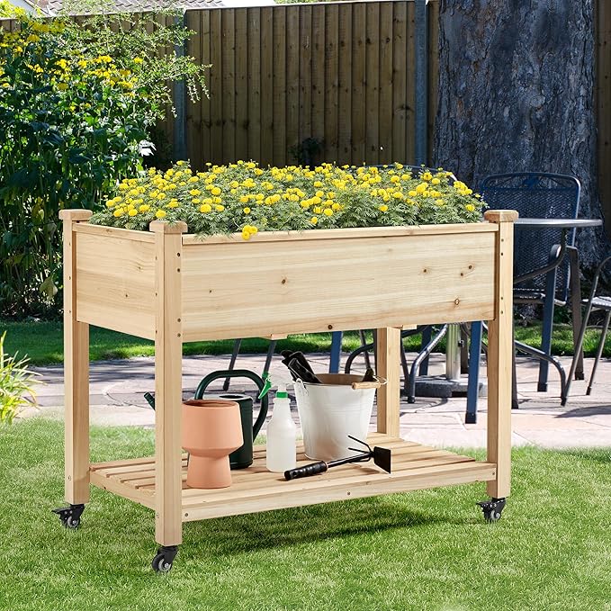 Yaheetech 42x23x33in Wooden Raised Garden Bed with Wheels Horticulture Flower Planter Boxes Elevated Vegetables Growing Bed for Grow Herbs and Vegetables, 2 PCS Yaheetech