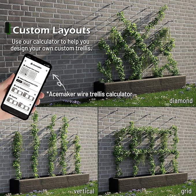 Wire Trellis for Climbing Plants Outdoor, 30-Set Wall Wire Trellis Kit with 1/8in x 150ft Stainless Steel Cable, T316 Espalier System for Fence and Garden DIY Projects Acemaker