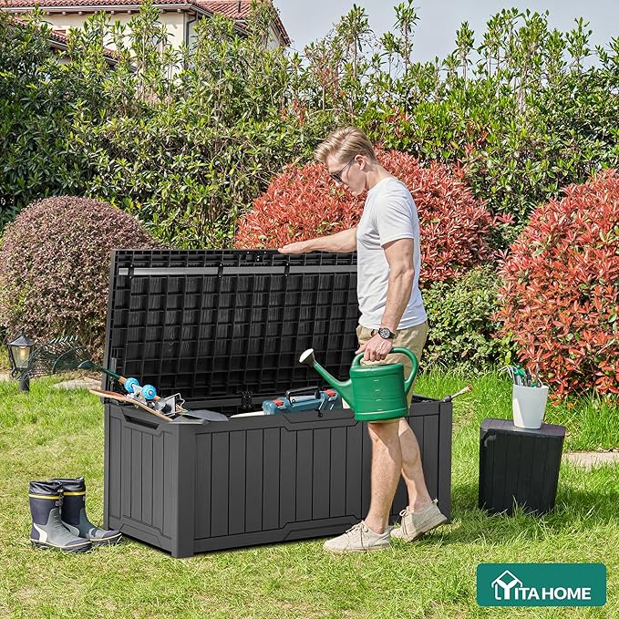 YITAHOME 120 Gallon Outdoor Storage Deck Box, Large Resin Patio Storage for Outdoor Pillows, Garden Tools and Pool Supplies, Waterproof, Lockable, (Dark Grey) YITAHOME