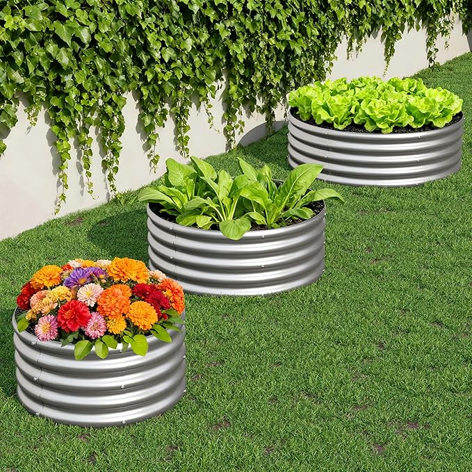 3PCS 2x2x1FT Galvanized Raised Garden Bed Kit,Vegetable Boxes-Round Metal Flower Box,Large Planter Raised Beds Outdoor Garden for Planting,Fruit,Herb-Silver Yortrek