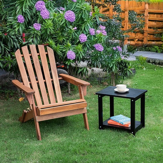 Black Adirondack Outdoor Accent Table – Weather-Resistant Acacia Wood Outdoor End Table with Double Storage, Small Porch Table for Patio, Garden, Lawn, Balcony, and Living Room Use VICTORYRELAX