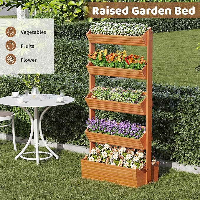 FILWH Wooden Raised Garden Bed Vertical Planter Box, Freestanding Plant Stand for Indoor Outdoor Plants, Herbs, Flowers, Vegetables, Gardening (Reddish Brown, 5-Tier，29.9 x 17.9 x 68in) FILWH