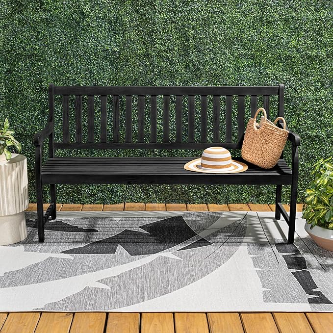 JONATHAN Y BNH101C Laurel 59.1" 3-Seat Slat-Back 600-Lbs Support Acacia Wood Outdoor Garden Patio Bench for Garden, Lawn, Backyard, Pool, Deck, Beach, Firepit, Black JONATHANY