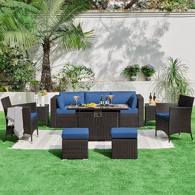 Yaheetech 3-Seat Patio Wicker Sofa, Outdoor Rattan Couch with Furniture Cover, Deep Seat High Back with Cushions & Throw Pillows for Deck/Porch/Balcony/Yard, Brown/Dark Blue Yaheetech