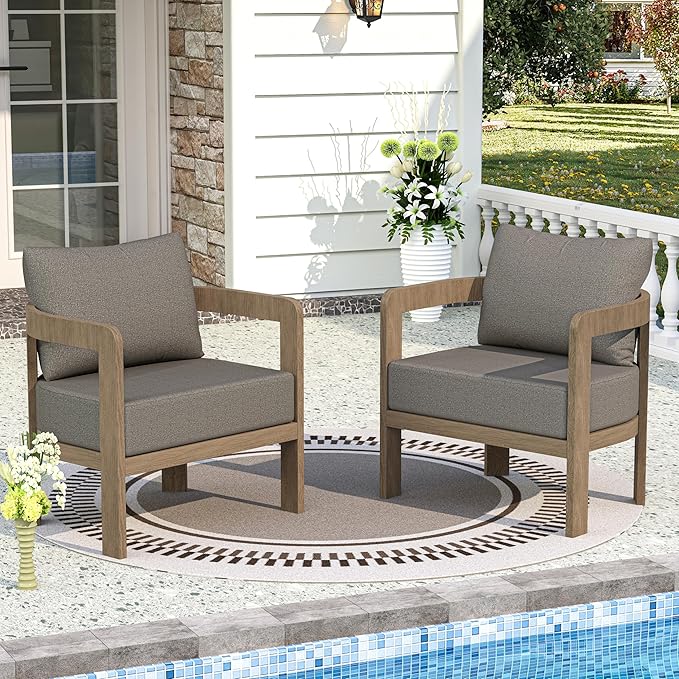 Outdoor Furniture Set, 2Pcs Patio Armchairs, Metal Modern Outside Furniture with 6'' Thick Cushions, Outdoor Conversation Set Balcony Chairs for Backyard, Porch,Deck,Brown COMLAXFIELD