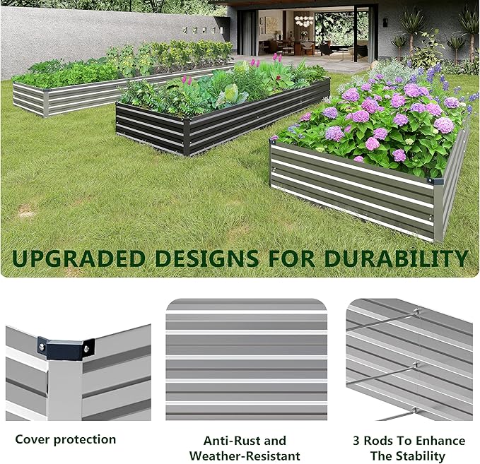 2PCS 8x4x1ft Galvanized Raised Garden Bed Kit,Metal Planter Box for Vegetables,Flowers,Herbs Durable Rust-Resistant Patio Gardening Beds,Silver Henshwon