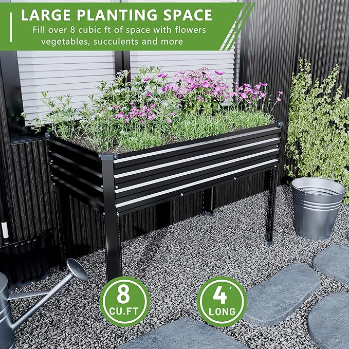 48×24×30in Galvanized Raised Garden Bed,Metal Elevated Planter Box with Legs for Patio,Balcony,Backyard,300lb Capacity,Black Easllre