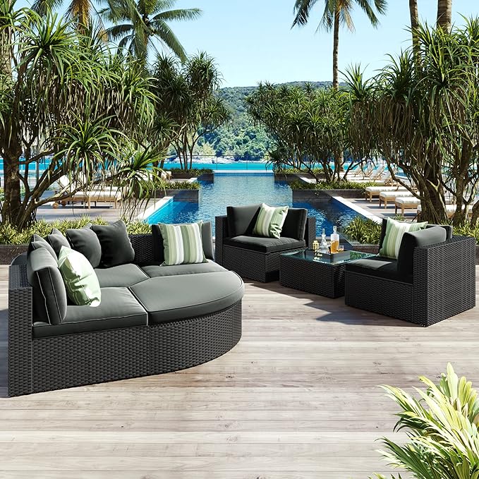 Merax 7-Piece Outdoor Wicker Sectional Sofa Set,Modular Rattan Conversation Set with Gray Cushions,Striped Green Pillows & Tempered Glass Coffee Table for Patio,Garden,Deck,Black Merax