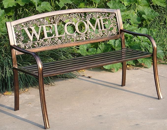 Leigh Country Metal Outdoor Bench, Welcome Design, Decorative Patio Seating for Porch/Deck LeighCountry