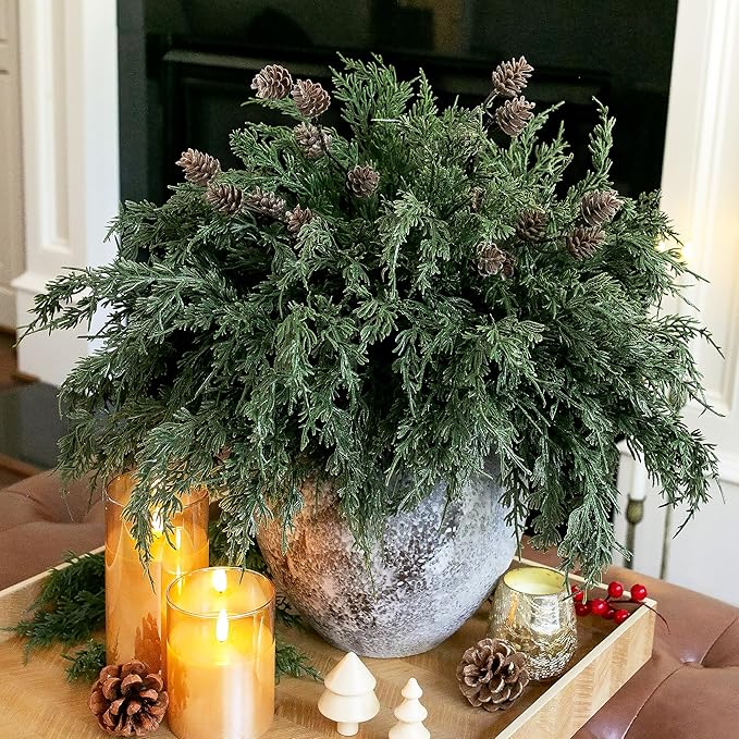 Faux Cedar Stems Artificial Norfolk Pine Branches for Christmas Decor, 12 PCS Fake Pine Stems with 2 PCS Pine Cones Branches Real Touch Realistic Faux Greenery for Vases DIY Garland Xmas Table Indoor Ivydale