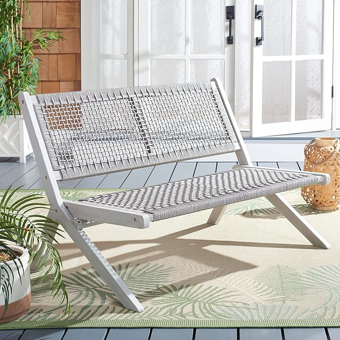 SAFAVIEH Outdoor Collection Kobina Grey Acacia Wood/Grey Rope Foldable Bench (Fully Assembled) SAFAVIEH