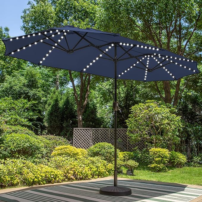 PHI VILLA 13ft Patio Umbrella with Solar-Powered 120 PCS LED Color-Changing Lights, Triple-Head Large Rectangle Umbrella Outdoor Patio for Table with Crank Lift,Navy Blue(No Base) PHIVILLAThepioneerofcomfortablehouseholdsupplies