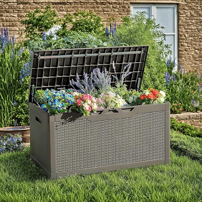 Devoko 97 Gallon Deck Box, Waterproof Resin Outdoor Storage Box for Outside and Patio, Large Outdoor Storage Bench Cabinet Lockable for Patio Furniture, Garden Tools and Pool Supplies (Brown) DEVOKO