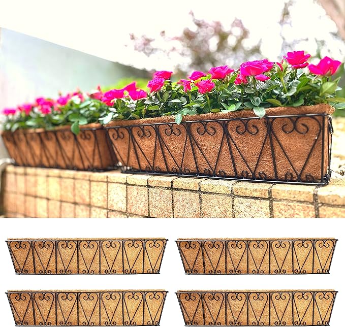 LaLaGreen Wall Planter - 4 Pack, 30 Inch Large Black Window Flower Basket Boxes Outdoor Attach House, Rectangular Deck Railing Hanging Pot with Coco Liner Over Rail Fence Balcony Patio Porch L%C3%A1L%C3%A1Green