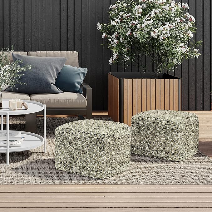 SIMPLIHOME Janelle Square Pouf - 18 inch Wide Upholstered PET Polyester Outdoor/Indoor Ottoman in Multi Color, Boho Footstool or Extra Seating for Living Room, Bedroom, or Patio, Assembled SimpliHome