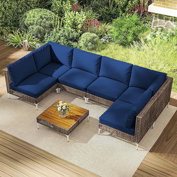 Outsunny 7 Piece Wicker Patio Furniture Set, Modular Outdoor Sectional with Thickened Cushions, Rattan Outdoor Furniture Conversation Set with Slatted Acacia Wood Table for Backyard, Brown/Dark Blue Outsunny