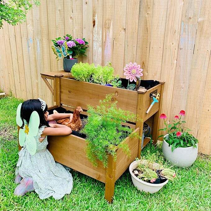 2-Tier Raised Garden Bed with Legs Outdoor Elevated Garden Box,Storage Shelf,Protective Liner for Backyard,Patio,Balcony,55x42x30in (Brown) Ketive