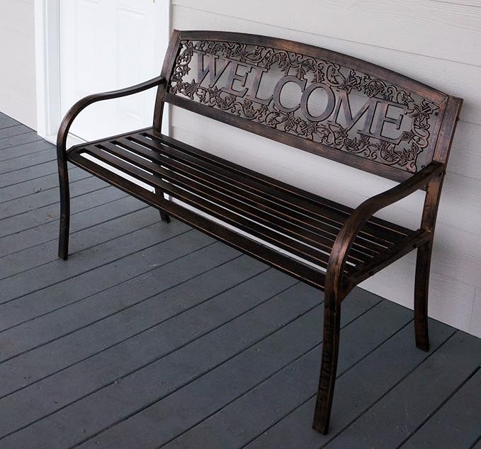 Leigh Country Metal Outdoor Bench, Welcome Design, Decorative Patio Seating for Porch/Deck LeighCountry