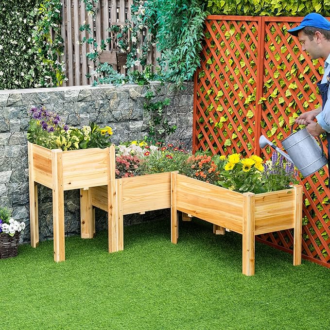 Outsunny Raised Garden Bed Set of 3, Wooden Elevated Planter Box with Legs and Bed Liner, for Backyard and Patio to Grow Vegetables, Herbs, and Flowers, Natural Outsunny