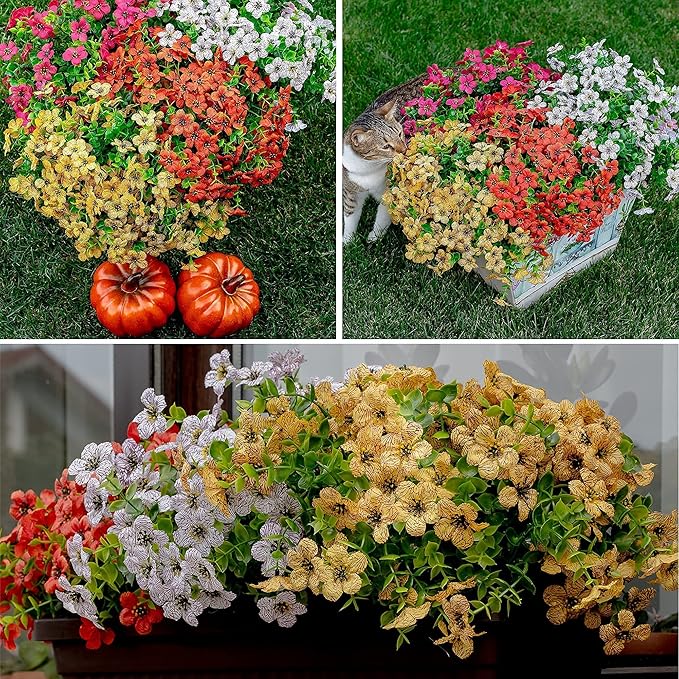 Artificial Flowers for Outdoors Fake Plants - 16 Bundles Faux Outside Greenery Boxwood UV Resistant No Fade Plastic Shrubs Fall Decor Farmhouse Home Garden Mums (White) AXYLEX
