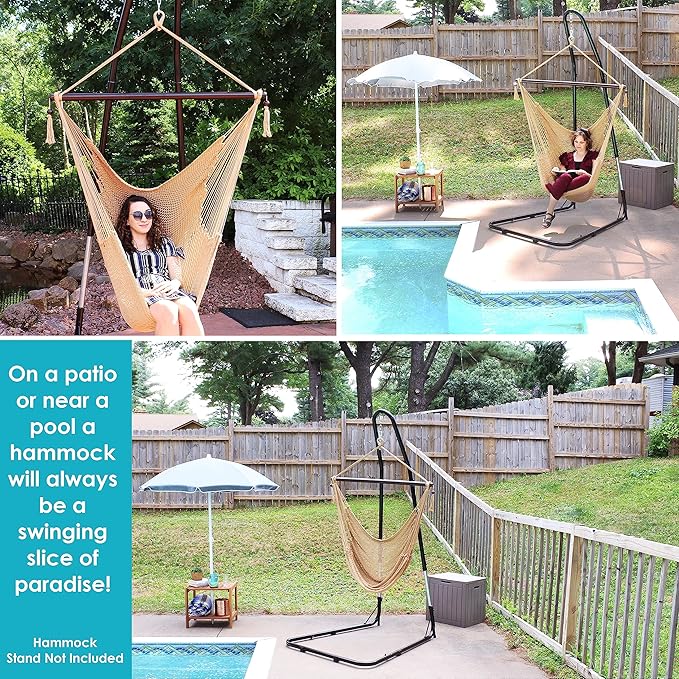 Sunnydaze Outdoor Hammock Chair Swing - Hanging Hammock Swing - Hanging Reading Chair - Soft-Spun Polyester Rope - Caribbean XL - Tan SunnydazeDecor
