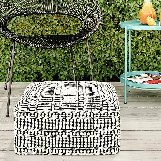 SIMPLIHOME Safford Square Pouf - 20 inch Wide Upholstered PET Polyester Ottoman in Black and White, Boho Indoor/Outdoor Footstool or Extra Seating for Living Room, Bedroom, or Patio, Assembled SimpliHome