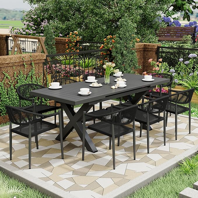 4 Pcs Stackable Patio Dining Chairs, Aluminum Rattan Outdoor Dining Chair with Arms, Woven Rope Garden Armchair Metal No Assembly for Bistro Balcony Porch Deck Yard Cafe Restaurant, Black Erotr