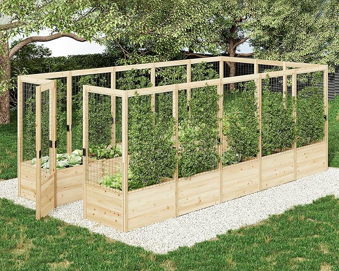 AMERLIFE U-Shaped Raised Garden Bed with Deer Proof Fence, 7.5Wx15Dx6H Outdoor Wooden Raised Garden Bed Planter with 19" Depth Planter Box AMERLIFE