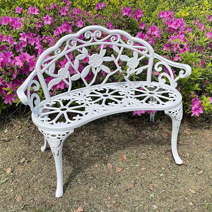 Mandolin Outdoor Benc Park Garden Chair,All Chair Anti Rust Cast Aluminum Patio Yard Bench,Carved Rose Loveseat Bench for Backyard .Porch.Balcony.Lawn (White) Rootora