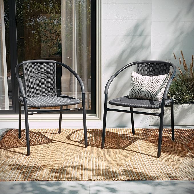 Flash Furniture Lila Modern Rattan Indoor/Outdoor Stackable Dining Chairs, Stacking Rattan Bistro Chairs for Patio or Restaurant, Set of 4, Gray FlashFurniture