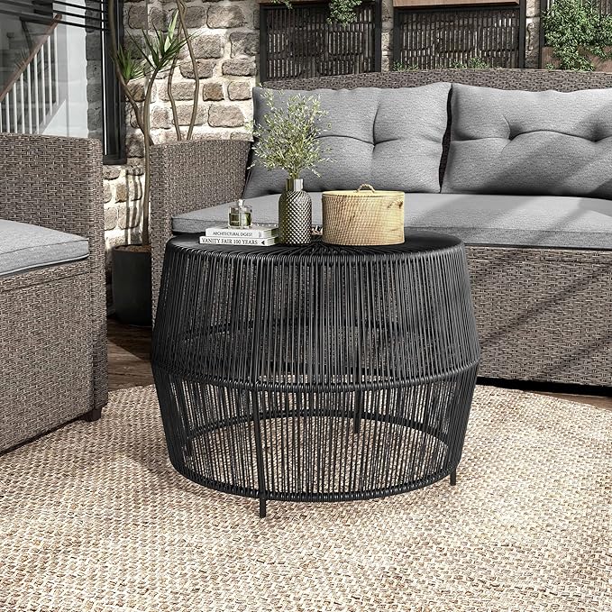 Furniture of America Ysar Boho Rattan Round Coffee Table Outdoor with Metal Frame, All-Weather and Rust Resistant, Handcrafted Coastal Furniture for Patio, Poolside, Garden, Yard, Black FurnitureofAmerica