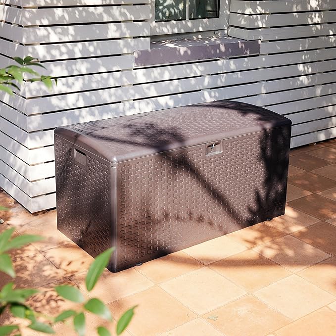 Amazon Basics Outdoor Storage Deck Box, Lockable, Weather-Resistant, 99 Gallon, Brown, for Patio Cushions, Gardening Tools, Pool Accessories AmazonBasics
