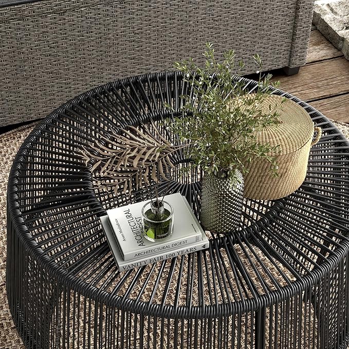 Furniture of America Ysar Boho Rattan Round Coffee Table Outdoor with Metal Frame, All-Weather and Rust Resistant, Handcrafted Coastal Furniture for Patio, Poolside, Garden, Yard, Black FurnitureofAmerica
