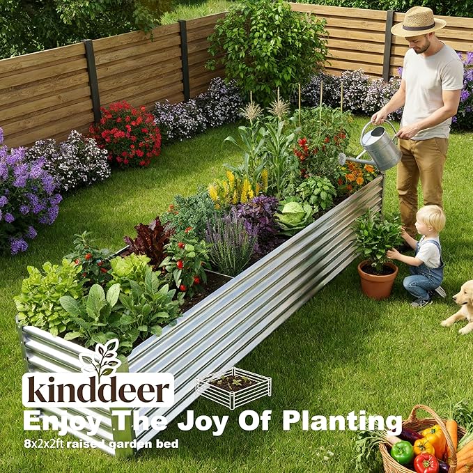 8x2x2ft Raised Garden Bed Kit, Galvanized Planter Garden Boxes Outdoor, Metal Raised Garden Beds for Vegetables,Fruits, Flower,Silver kingddeergardenbed