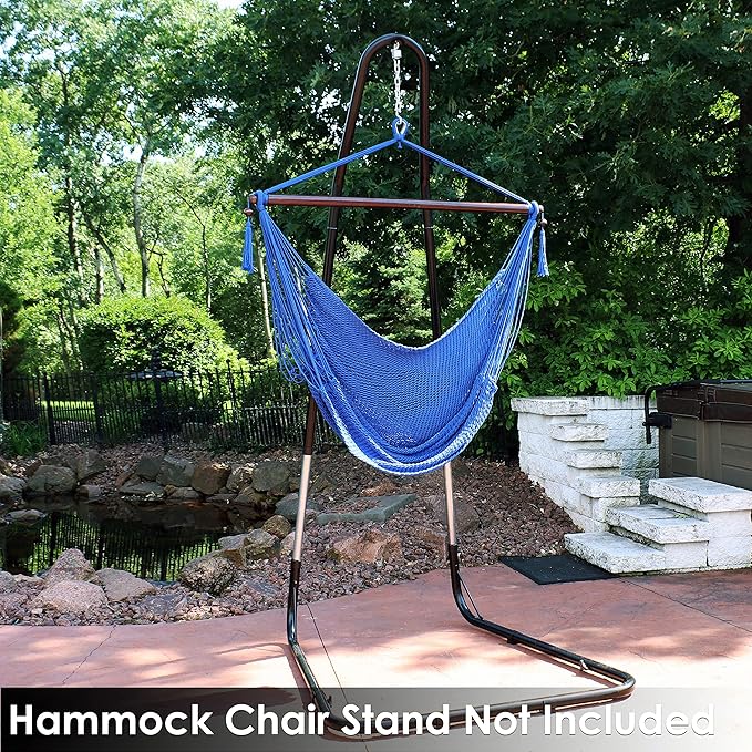 Sunnydaze Outdoor Hammock Chair Swing - Hanging Hammock Swing - Hanging Reading Chair - Soft-Spun Polyester Rope - Caribbean XL - Blue SunnydazeDecor