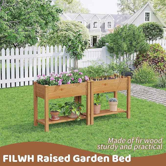 FILWH Raised Garden Bed with Legs Elevated Wooden Planter Box Stand Large Planter Stand Box for Fruits Vegetables Flowers with Divider with Bag - 34x18x30.5IN（Brown） FILWH