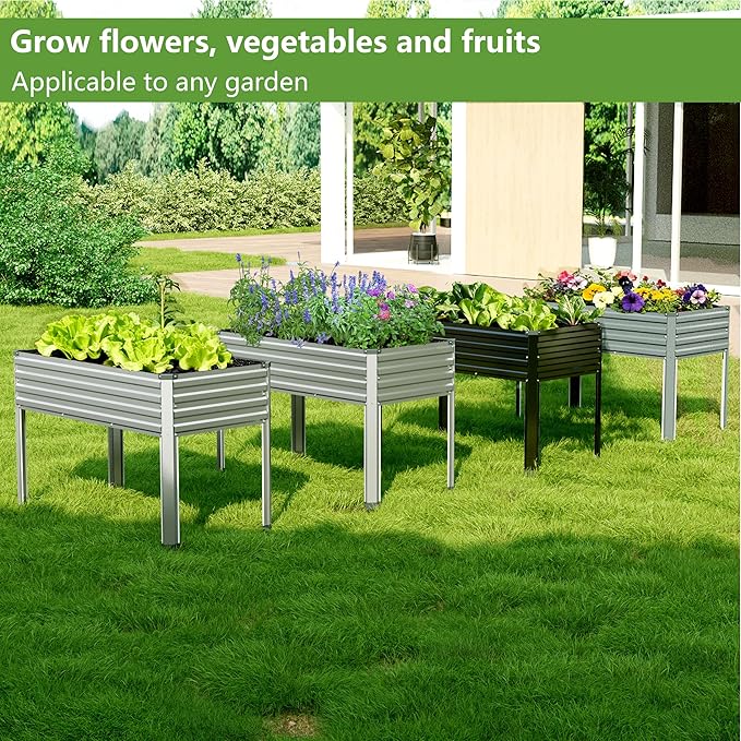 48×24×30in Galvanized Raised Garden Bed,Metal Elevated Planter Box with Legs for Patio,Balcony,Backyard,300lb Capacity,Black Easllre