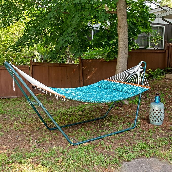 Sunnydaze Quilted Outdoor Hammock with Spreader Bars - Heavy-Duty 450-Pound Capacity Double Hammock for Outside - Cool Blue Tropics SunnydazeDecor