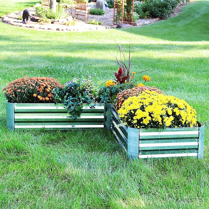 Sunnydaze 11.75" H Raised Metal Garden Bed - Galvanized Raised Garden Bed Outdoor for Vegetables and Flowers - Silver - L-Shaped SunnydazeDecor