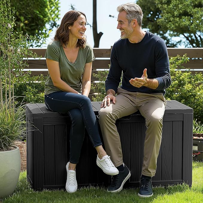 ROJIK Outdoor Storage Box with Wheels,75 Gallon Waterproof Resin Deck Box, Lockable Storage for Patio Cushions,Garden Tools,Pool Accessories,UV-Resistant Storage Bench for Backyard & Deck（Black） ROJIK