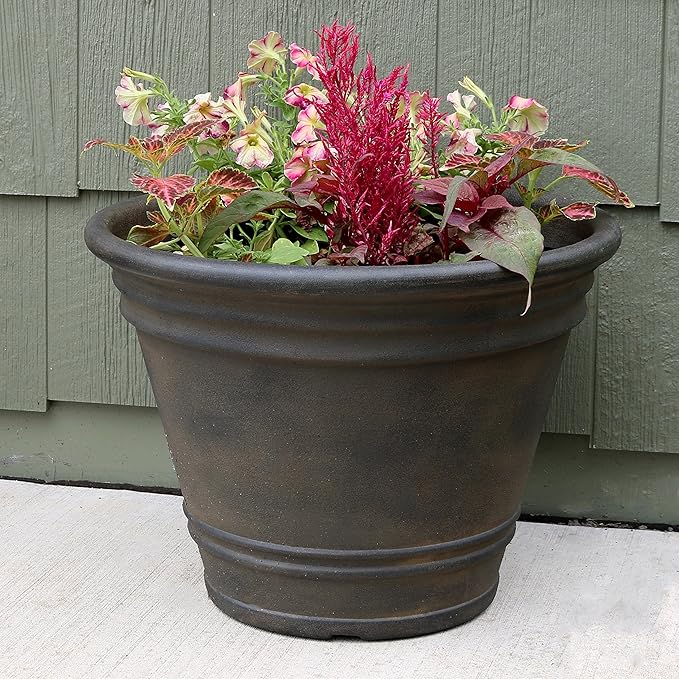 Sunnydaze 20-Inch Franklin Large Plant Pot - Polyresin Round Outdoor Planter with Drillable Drainage Hole - Sable SunnydazeDecor
