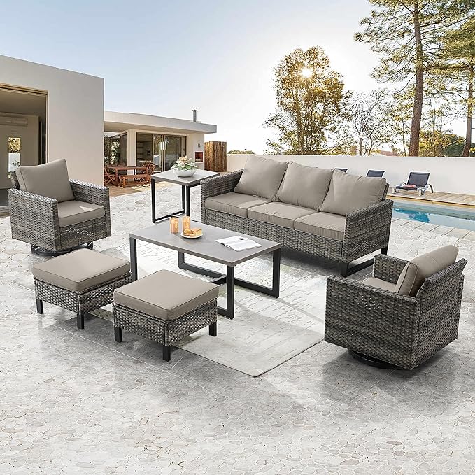Belord 7 Piece Outdoor Furniture Patio Wicker Sofa Set, Oversize Outdoor Swivel Rocker Chairs with Rattan Ottomans, Conversation Sets Patio Furniture Come with Removable Washable Cushion Grey Belord