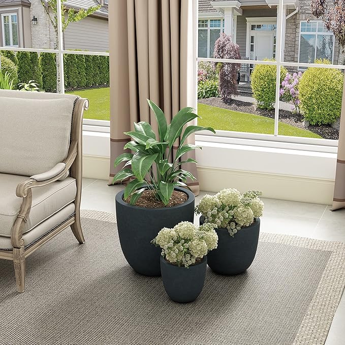 Kante 18",14",10" Dia Concrete Round Planters (Set of 3), Outdoor Indoor Large Planter Pots with Drainage Hole and Rubber Plug for Home Patio Garden, Dark Gray Kante