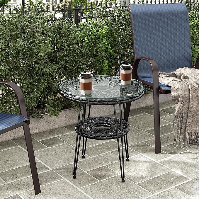 Furniture of America Ysar Boho 19-inch Round Coffee Table Outdoor with Tempered Glass Top and Metal Frame, Handcrafted Coastal Furniture for Patio, Poolside, Garden, Yard, Black FurnitureofAmerica